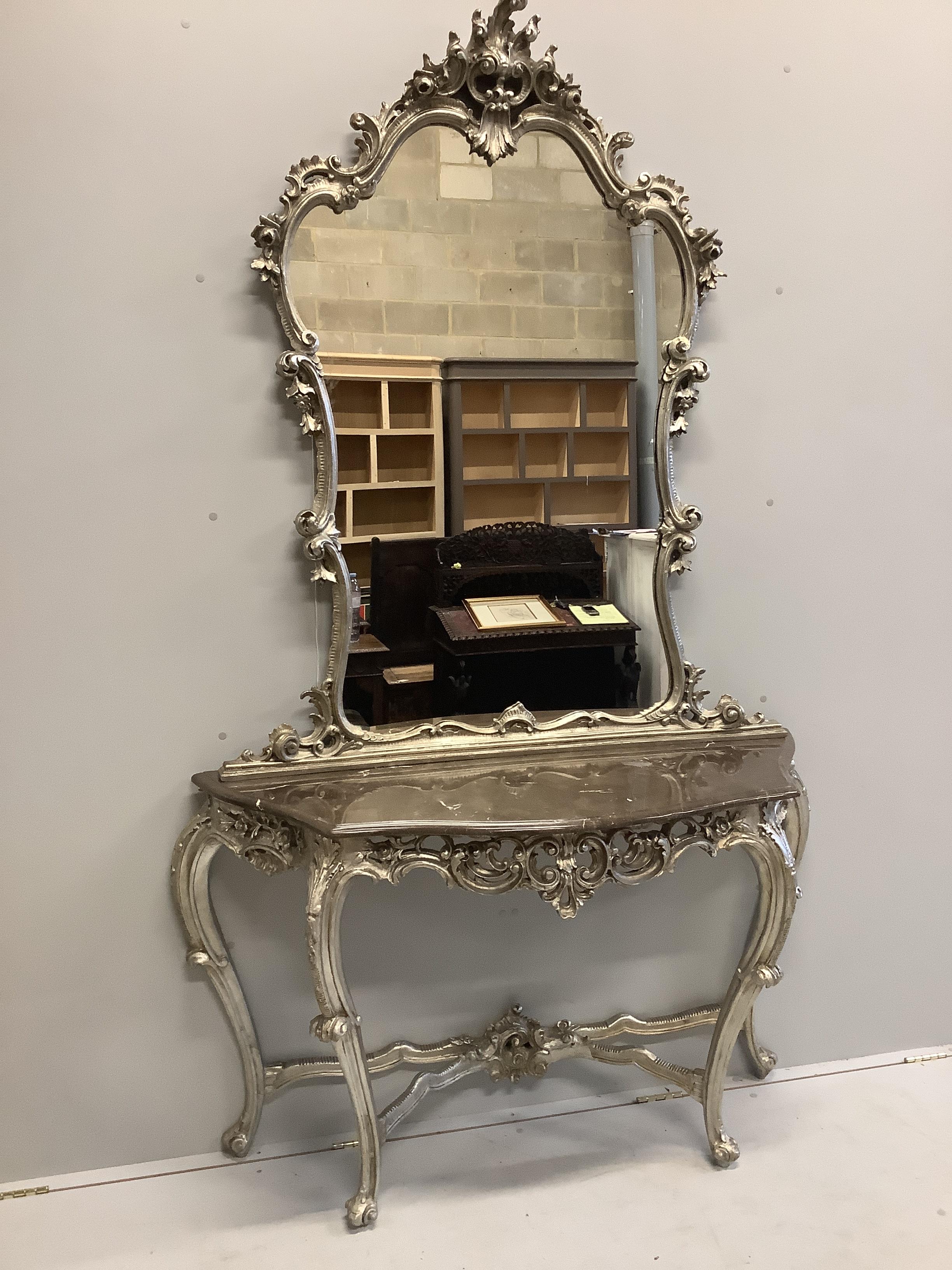 A Victorian style marble topped console table with mirror, width 128cm, depth 48cm, total height 228cm